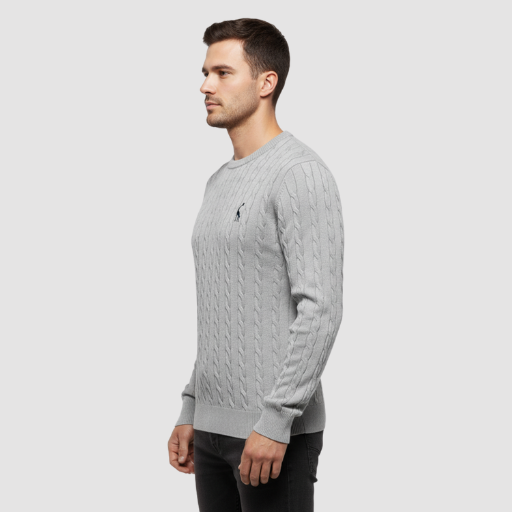 Men’s Cable-Knit Sweater – Classic Crew Neck Polo-Style Knit