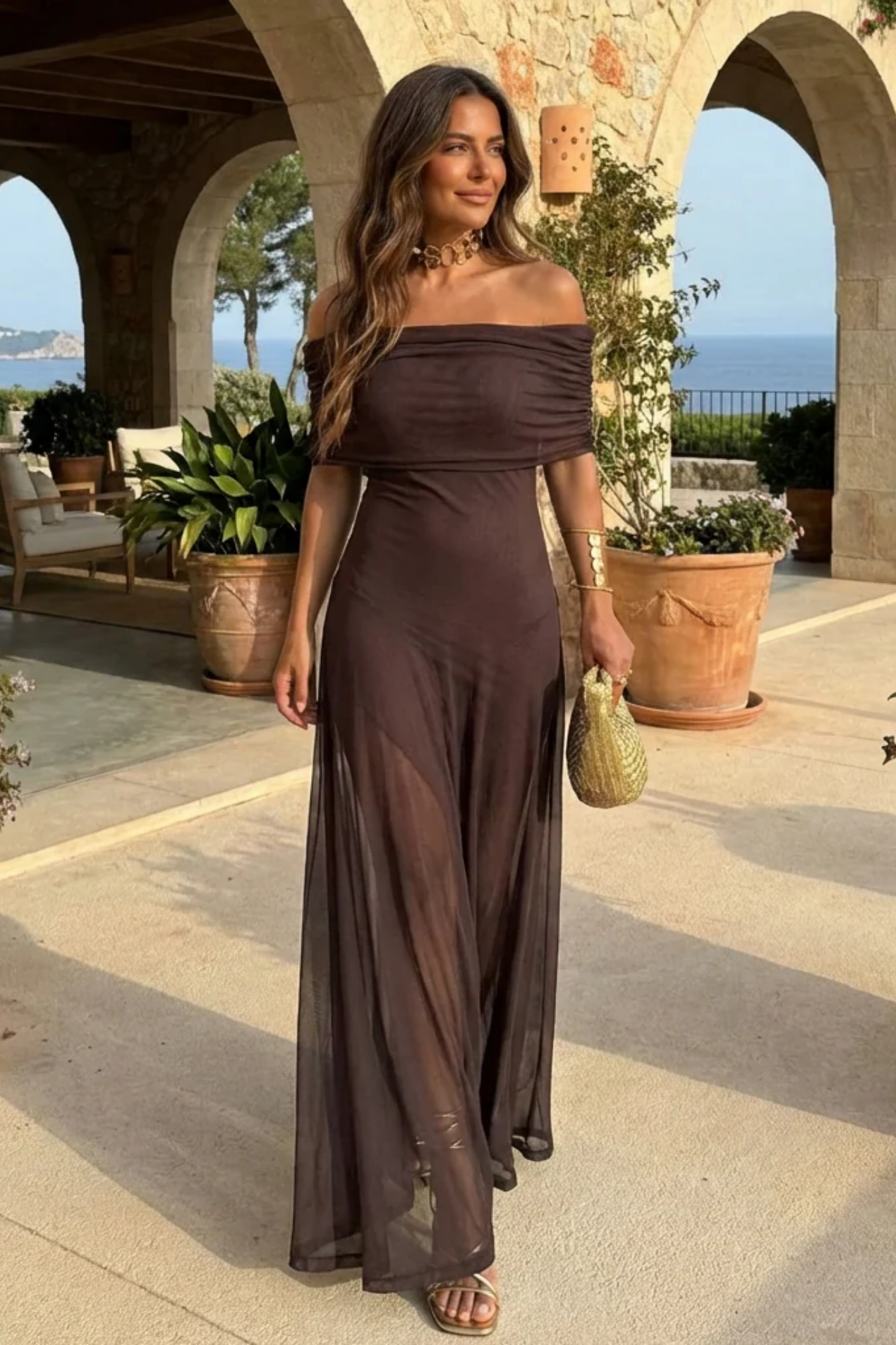 Off-Shoulder Maxi Dress Women – Sheer Flowy Knit & Elegant Neckline, Summer Evening Romantic