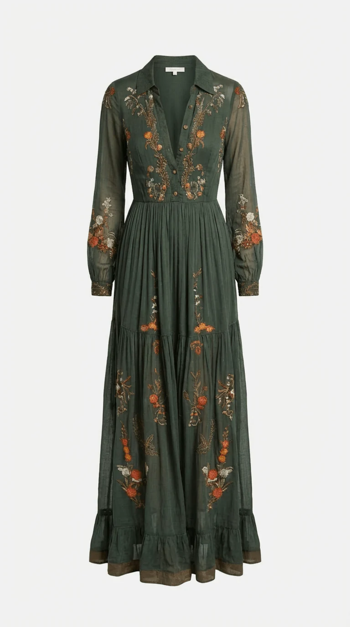 Women's Dark Green Bohemian Maxi Dress with Floral Embroidery