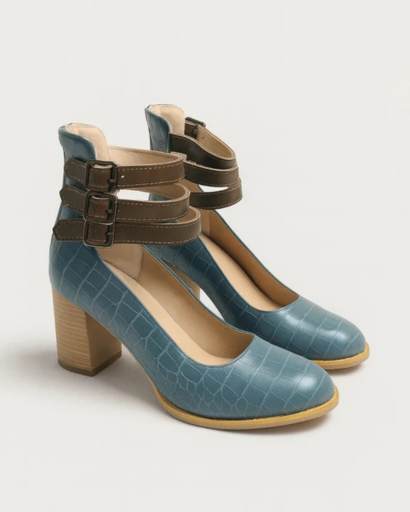 Square Heel Pumps with Triple Buckled Ankle Straps