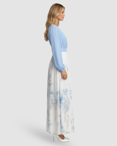 Floral Print Wrap Maxi Dress with Long Skirt and Puff Sleeves