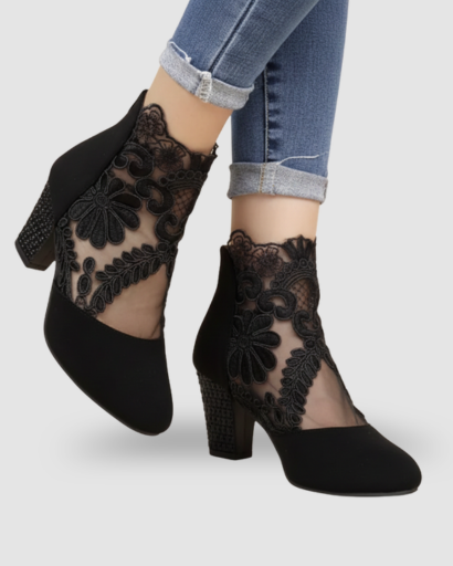 Women's block-heeled ankle boots with floral lace panel and sheer mesh