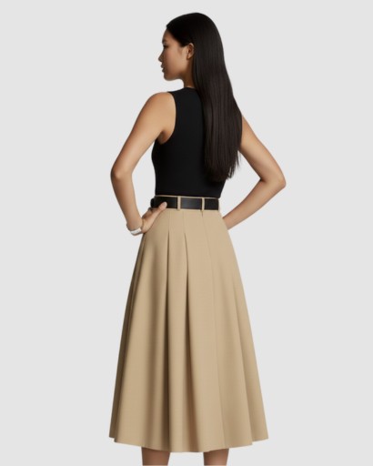Two-tone sleeveless midi dress with a flared pleated skirt and a gold buckled belt