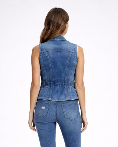 Women’s sleeveless denim vest with tailored fit, lapel collar, and buttons