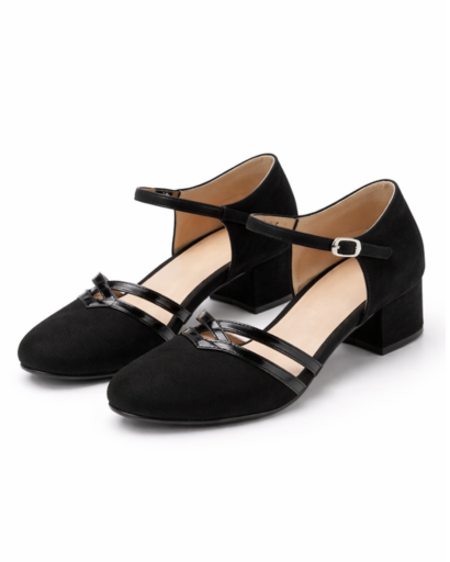 Mary Jane block-heel pumps with ankle strap and double decorative straps