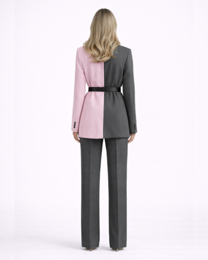Women’s two-tone belted blazer set with straight-leg trousers