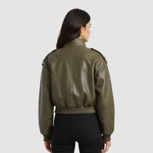 Women’s Cropped Bomber Jacket with Stand Collar and Flap Pockets