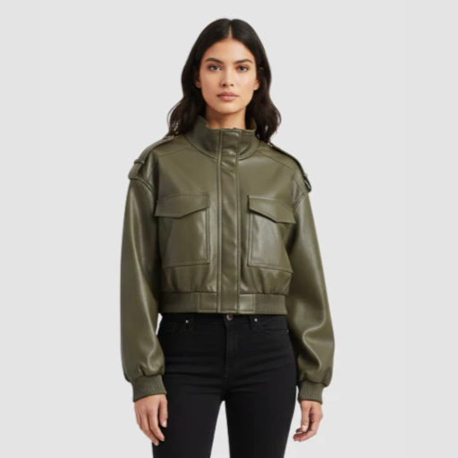 Women’s Cropped Bomber Jacket with Stand Collar and Flap Pockets
