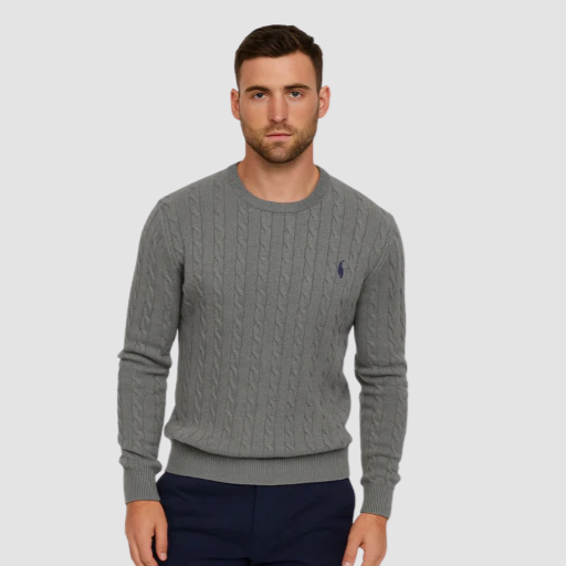 Men’s Cable-Knit Sweater – Classic Crew Neck Polo-Style Knit