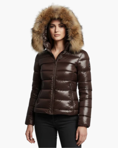 Shiny women’s puffer jacket with hood & faux fur – ultra warm