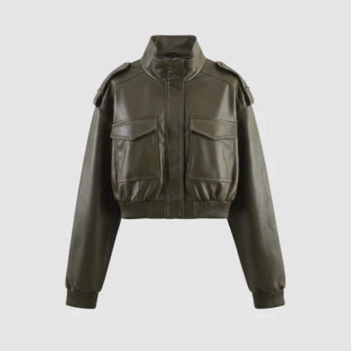 Women’s Cropped Bomber Jacket with Stand Collar and Flap Pockets