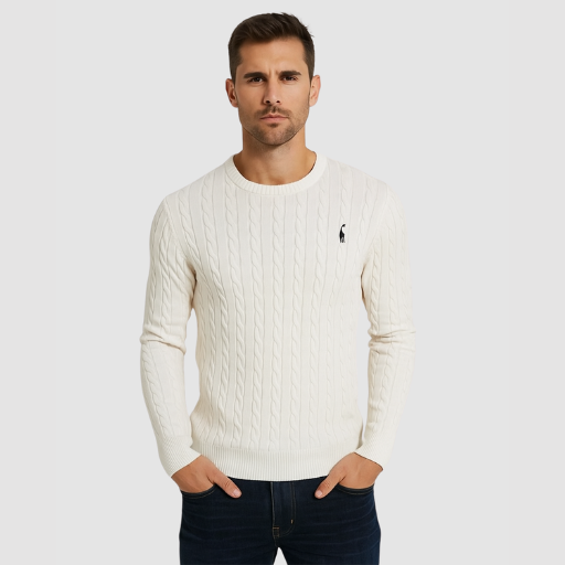 Men’s Cable-Knit Sweater – Classic Crew Neck Polo-Style Knit