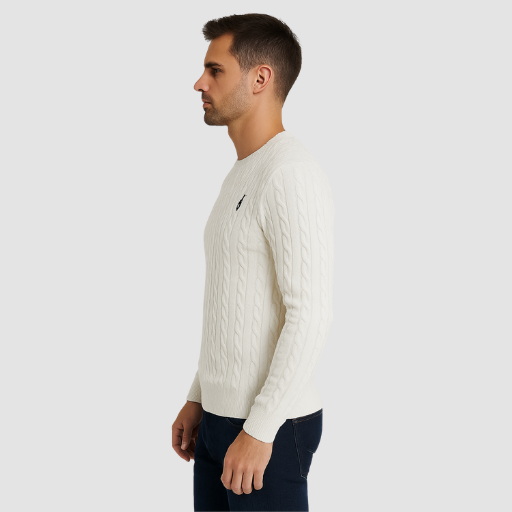 Men’s Cable-Knit Sweater – Classic Crew Neck Polo-Style Knit