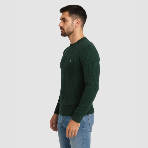 Men’s Cable-Knit Sweater – Classic Crew Neck Polo-Style Knit