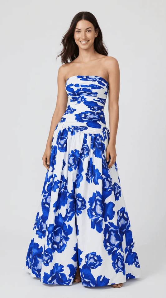 Women’s Blue & White Floral Strapless Maxi Dress