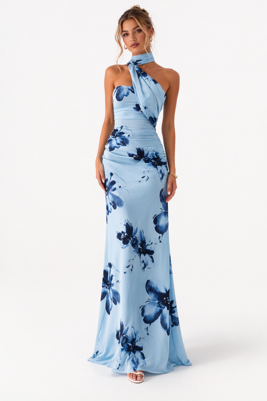 Asymmetric draped maxi dress for women