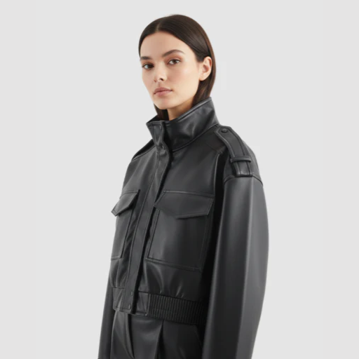 Women’s Cropped Bomber Jacket with Stand Collar and Flap Pockets