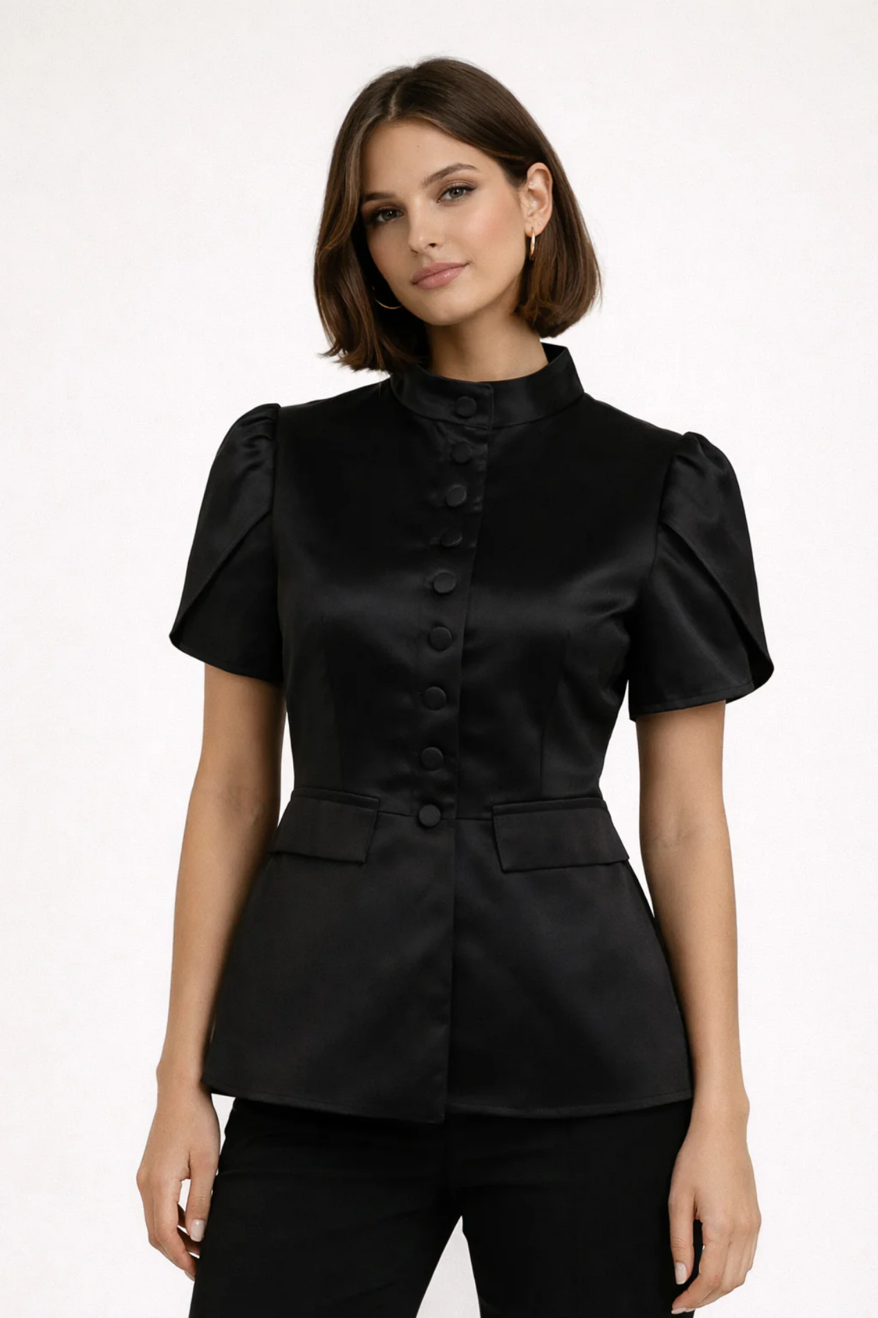 High-Neck Button Blouse Women – Structured Fit & Front Button Detail, Office Chic Elegant