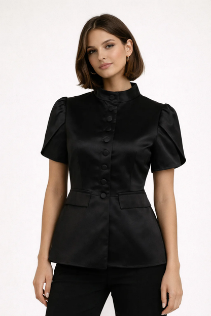 High-Neck Button Blouse Women – Structured Fit & Front Button Detail, Office Chic Elegant