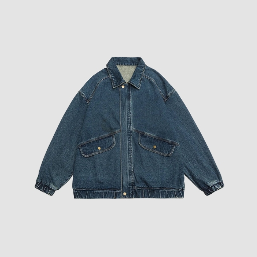 Men’s Oversized Denim-Effect Jacket with Classic Collar and Flap Pockets