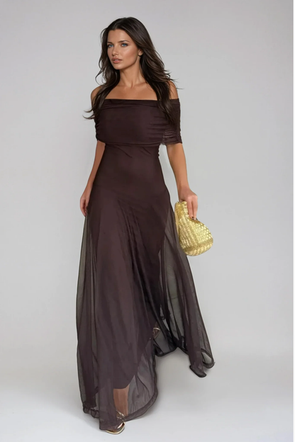 Off-Shoulder Maxi Dress Women – Sheer Flowy Knit & Elegant Neckline, Summer Evening Romantic