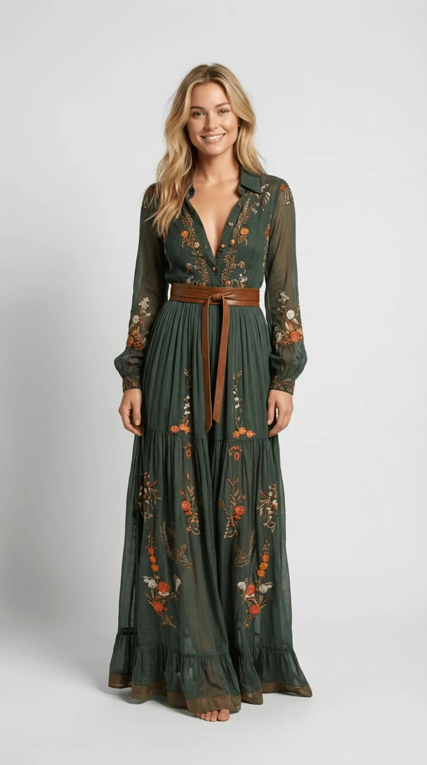 Women's Dark Green Bohemian Maxi Dress with Floral Embroidery