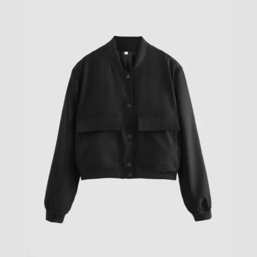 Women’s Snap-Button Bomber Jacket with Flap Pockets and Round Neck