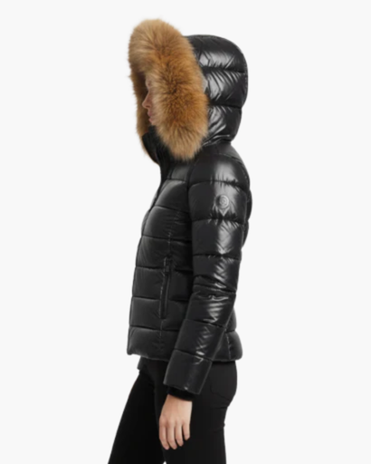 Shiny women’s puffer jacket with hood & faux fur – ultra warm