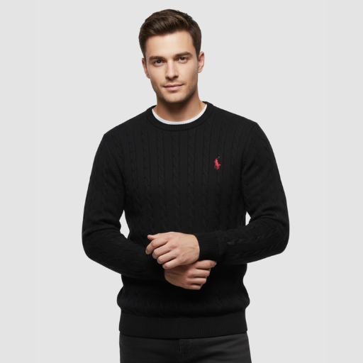 Men’s Cable-Knit Sweater – Classic Crew Neck Polo-Style Knit