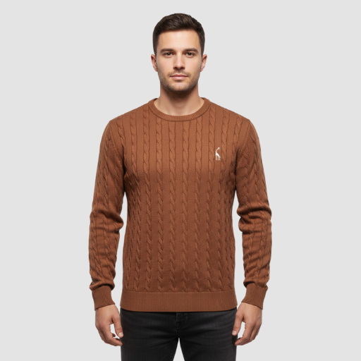 Men’s Cable-Knit Sweater – Classic Crew Neck Polo-Style Knit