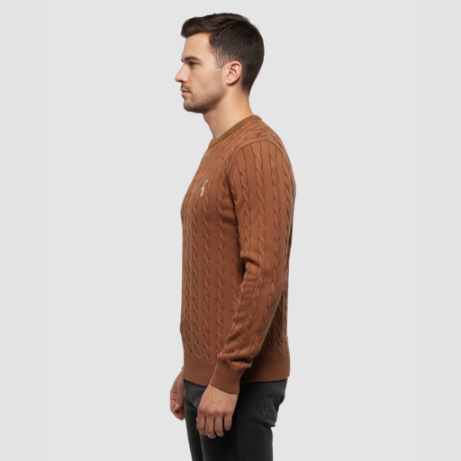 Men’s Cable-Knit Sweater – Classic Crew Neck Polo-Style Knit
