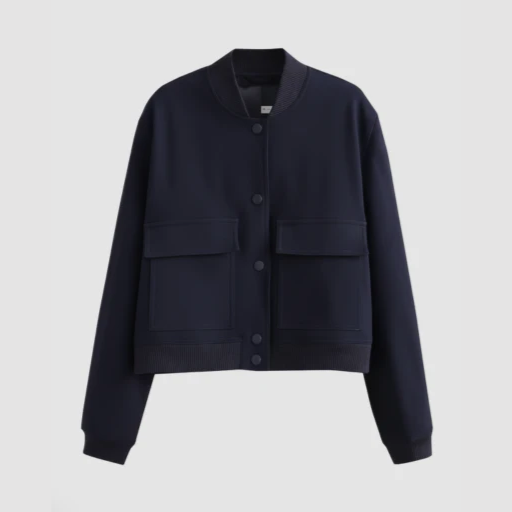 Women’s Snap-Button Bomber Jacket with Flap Pockets and Round Neck