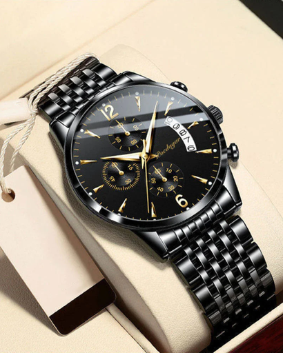 Elegant Men's Watch – Black Stainless Steel & Gold Details