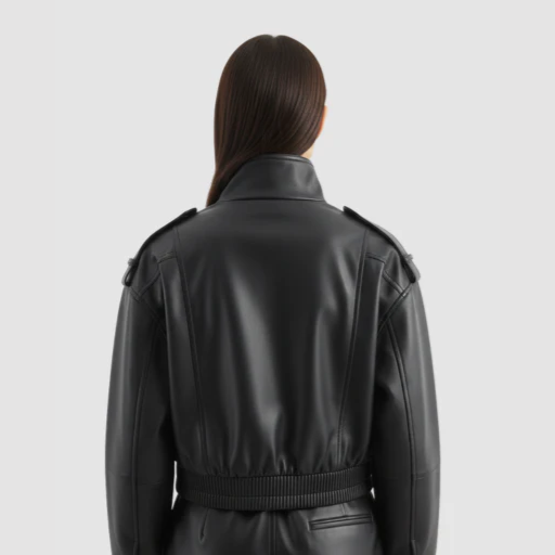 Women’s Cropped Bomber Jacket with Stand Collar and Flap Pockets
