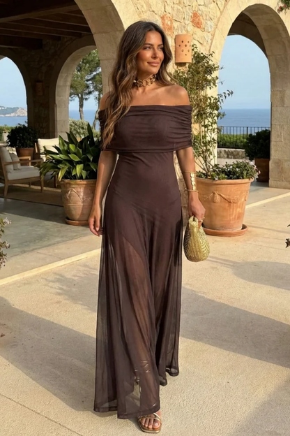Off-Shoulder Maxi Dress Women – Sheer Flowy Knit & Elegant Neckline, Summer Evening Romantic