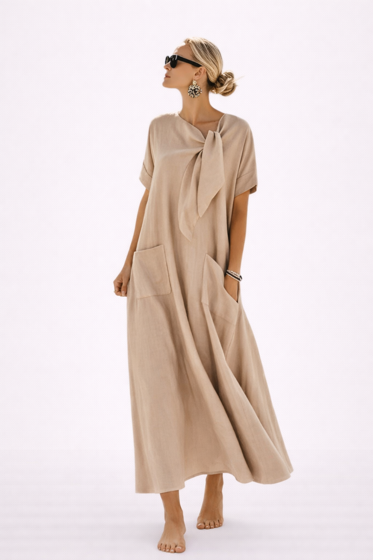Flowy Maxi Dress Women – Adjustable Tie-Waist & Deep Side Pockets, Patio Season Cottage Casual