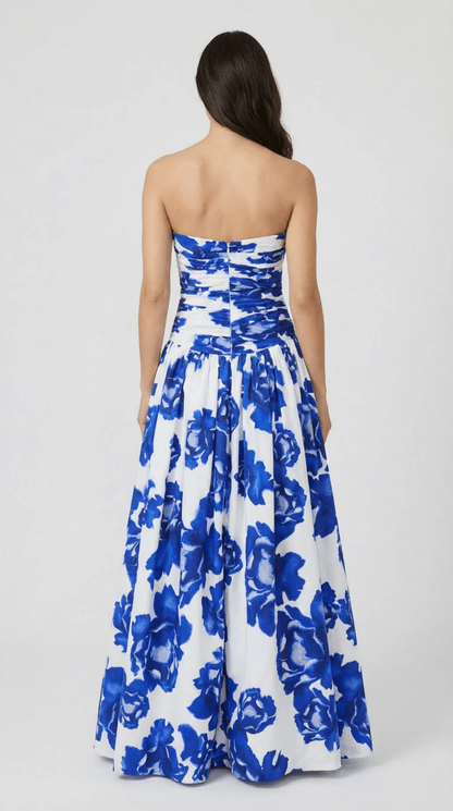 Strapless Floral Maxi Dress Women – Bold Blue Print & Full Sweep Skirt, Summer Wedding Guest Boho