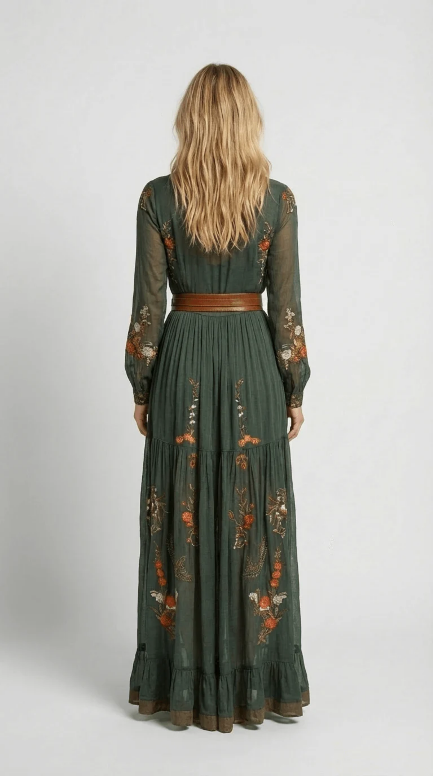 Women's Dark Green Bohemian Maxi Dress with Floral Embroidery