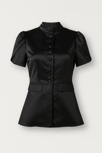 High-Neck Button Blouse Women – Structured Fit & Front Button Detail, Office Chic Elegant