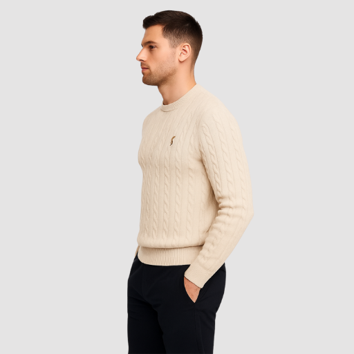Men’s Cable-Knit Sweater – Classic Crew Neck Polo-Style Knit