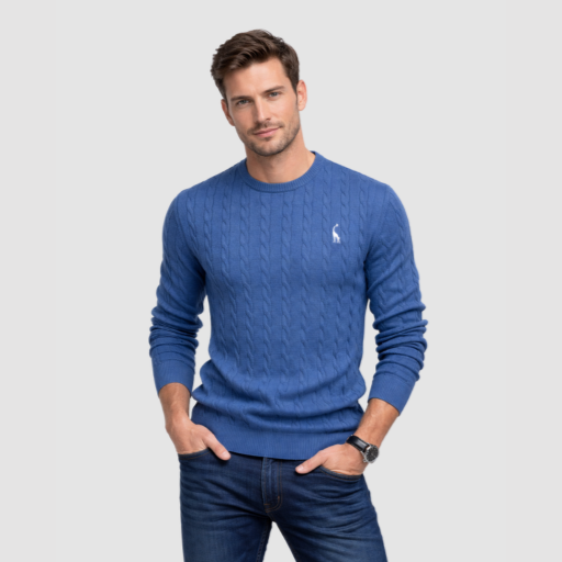 Men’s Cable-Knit Sweater – Classic Crew Neck Polo-Style Knit