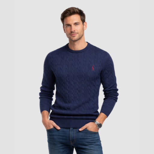 Men’s Cable-Knit Sweater – Classic Crew Neck Polo-Style Knit