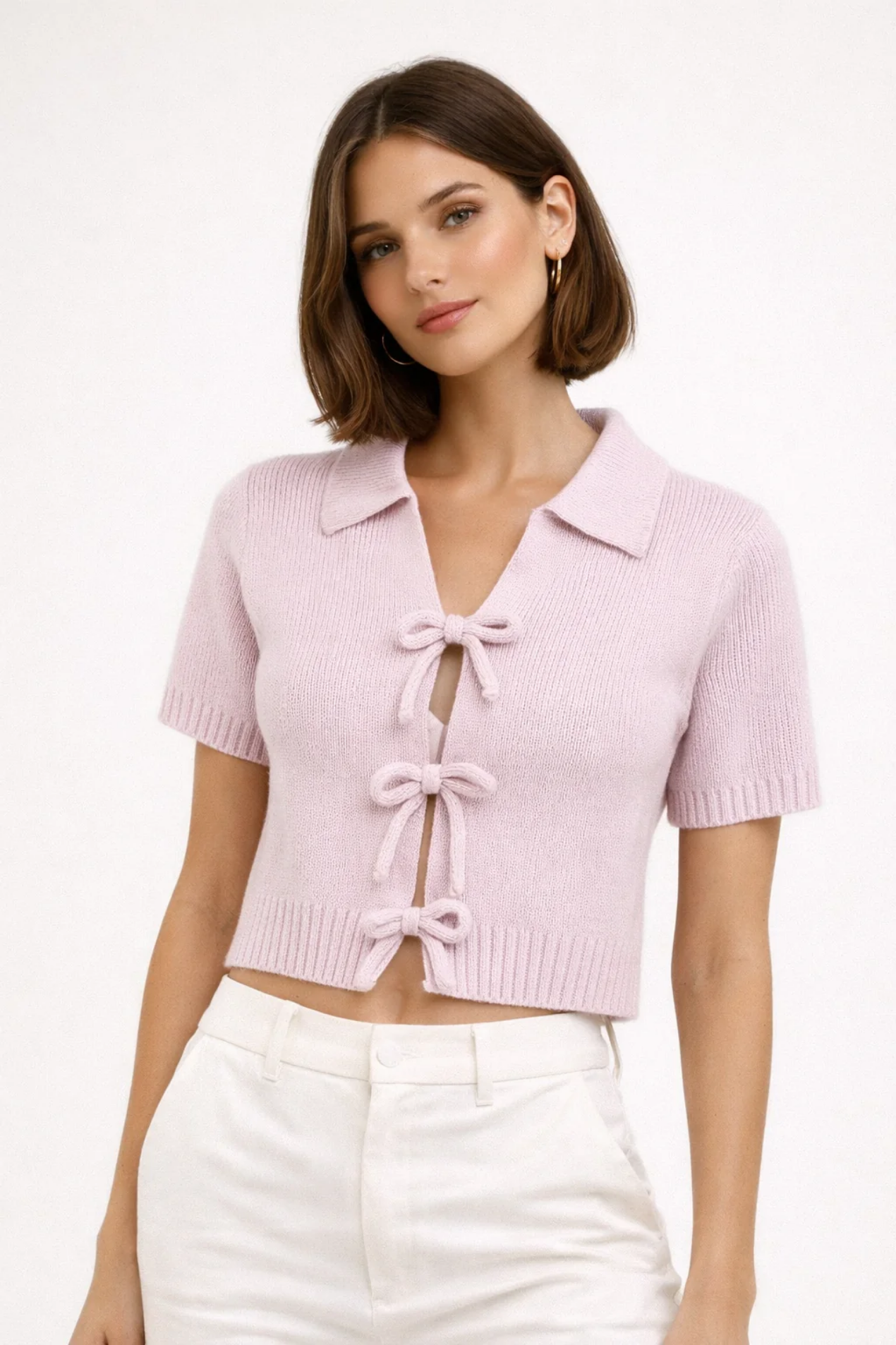 Cropped Bow Cardigan Women – Ribbed Knit & Front Bow Ties, Casual Chic Everyday