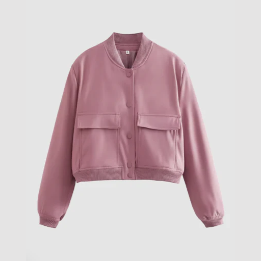 Women’s Snap-Button Bomber Jacket with Flap Pockets and Round Neck