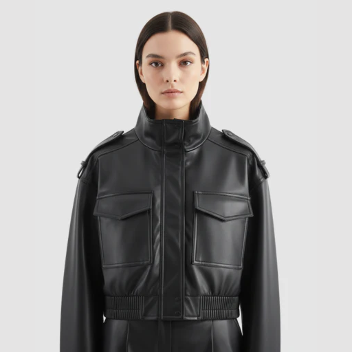 Women’s Cropped Bomber Jacket with Stand Collar and Flap Pockets