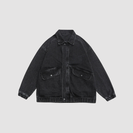 Men’s Oversized Denim-Effect Jacket with Classic Collar and Flap Pockets