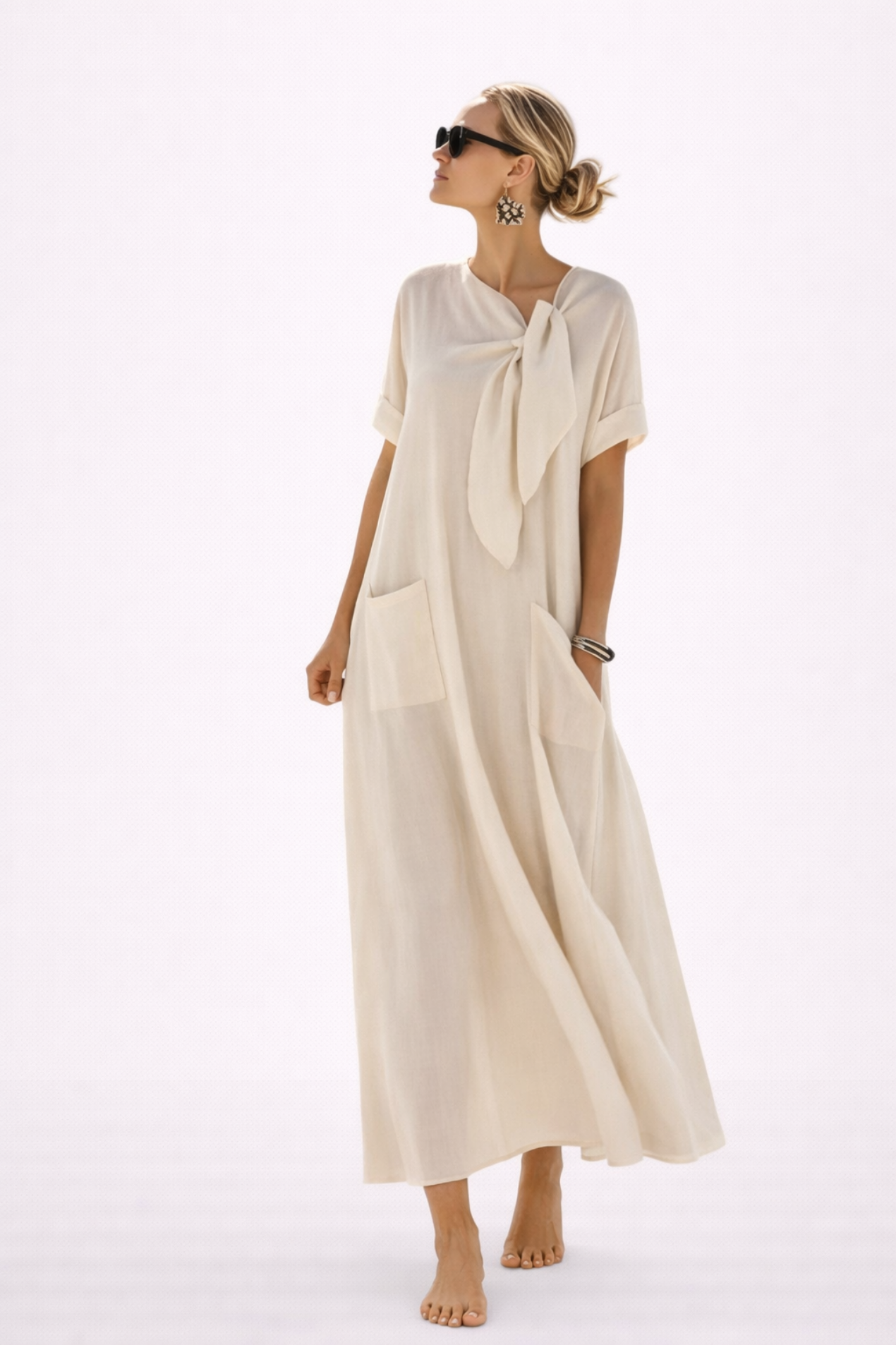 Flowy Maxi Dress Women – Adjustable Tie-Waist & Deep Side Pockets, Patio Season Cottage Casual