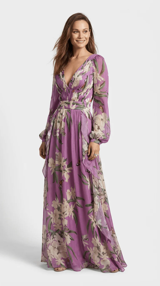 Women’s Floral Wrap V-Neck Long Sleeve Maxi Dress