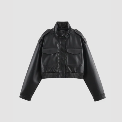 Women’s Cropped Bomber Jacket with Stand Collar and Flap Pockets