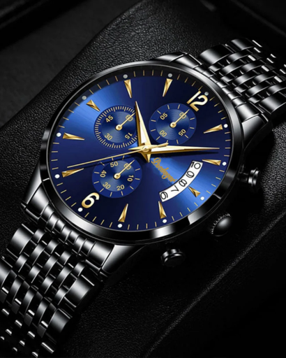 Elegant Men's Watch – Black Stainless Steel & Gold Details